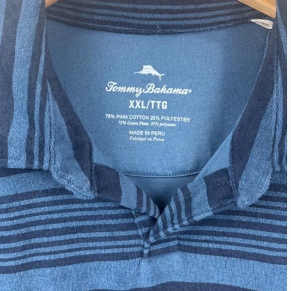 Tommy Bahama Relax Mens XXL Blue Striped Short Sleeve Pima Cotton Blend Polo